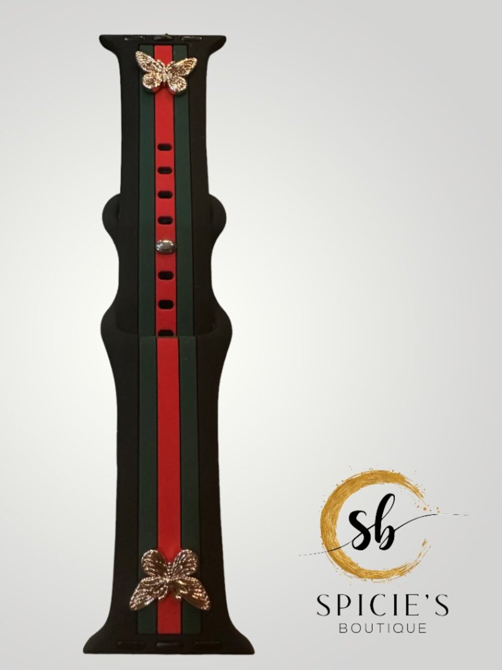 Silicone Watch Band- Black w/green/red stripe